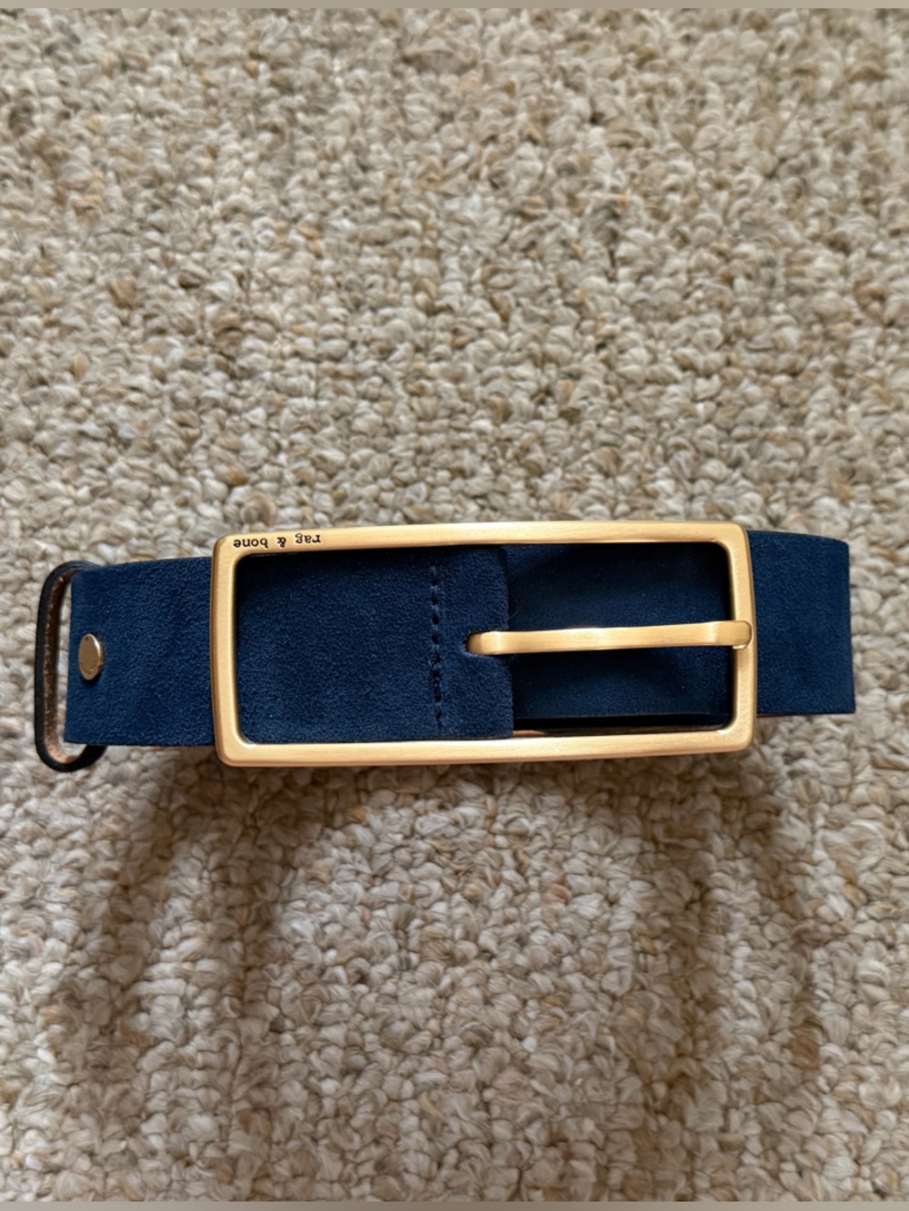 Rag & Bone Rebound belt in navy blue suede with gold buckle